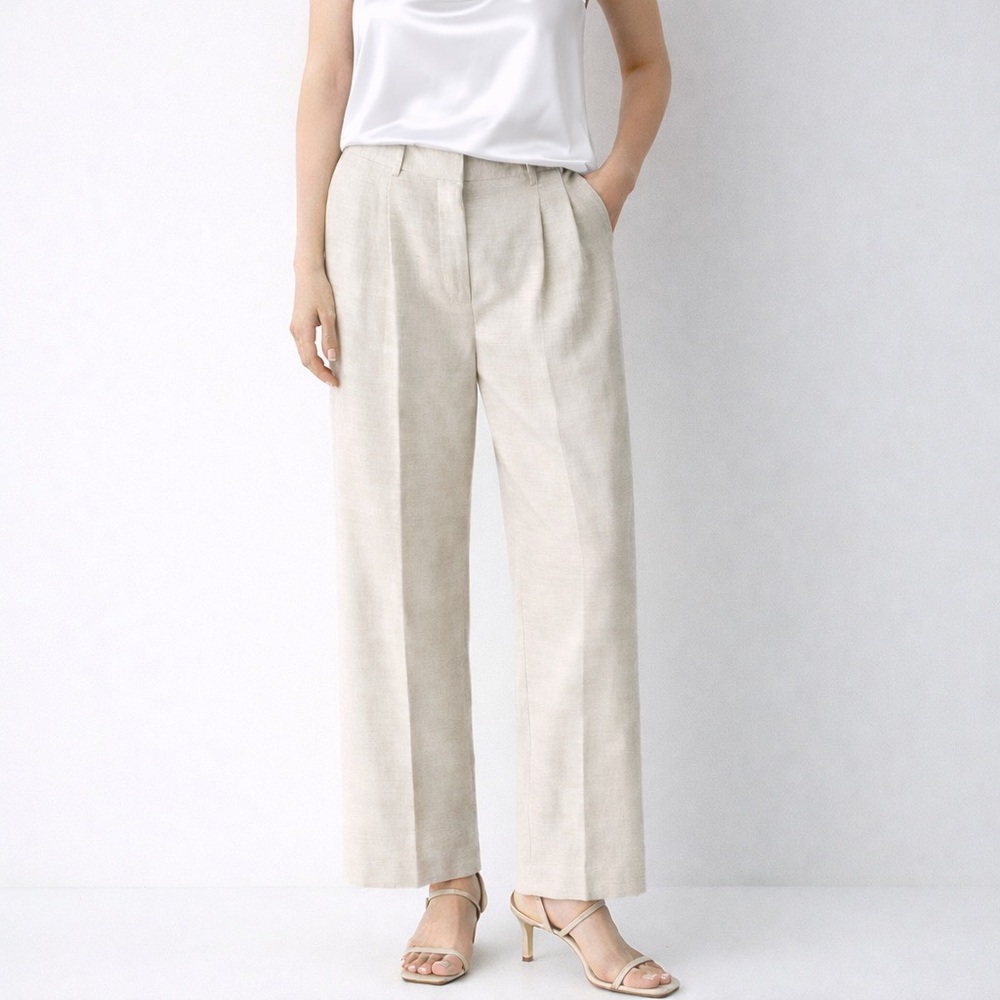 Aritzia Beige Wide-Leg Linen Blend Trousers
